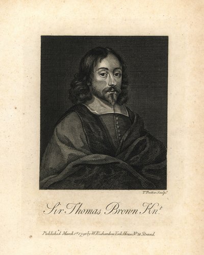Sir Thomas Brown, engelsk universalgeni og forfatter inden for videnskab, medicin, religion og esoterik, død 1682. Kobberstik fra William Richards Portraits Illustrating Granger
