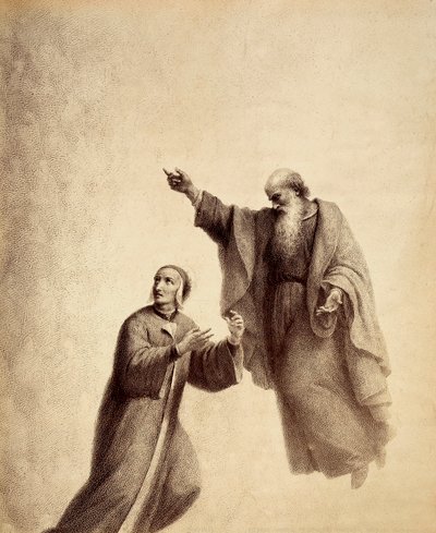 Sankt Bernhard viser Dante den velsignedes rose, hvor Beatrice sidder. Illustration af Canto XXXI i Paradiso i Den guddommelige komedie af Dante Alighieri. Værk af Francesco Scaramuzza dedikeret til Firenzes kommune. af Unbekannter Künstler