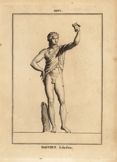 Statue af Bacchus Lenaios, den romerske vingud, nøgen men for et løveskind, der presser en klase druer af Unbekannt
