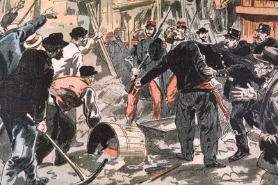 Kamp mellem bretonske grevister og ordensmagten på en byggeplads, Paris, begyndelsen af det 20. århundrede (stik) af Unbekannter Künstler