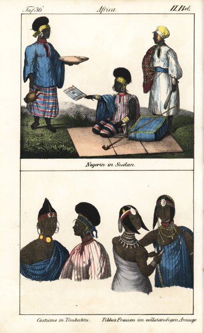 Sudanesiske kvinder i stribet kjole. Nedenfor demmes fra Timbuktu (Mali) og Tibbo-kvinder fra Sahara. Litografi til bogen: "Galerie complete en tableaux fideles des peuples d