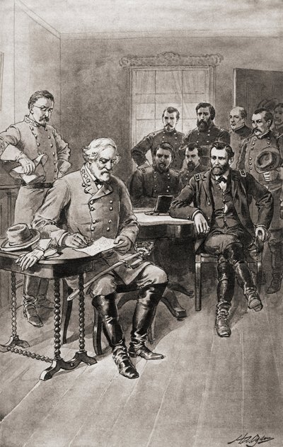 Robert E. Lees overgivelse til general Ulysses S. Grant, Appomattox Court House, Virginia, den 9. april. af Unbekannter Künstler