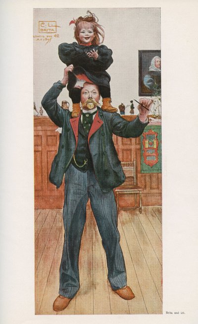 Den svenske tegner Carl Larsson (1853-1919) med sin datter Brita. Akvarel fra "" Das haus in der sonne"" 1921 af Unbekannt