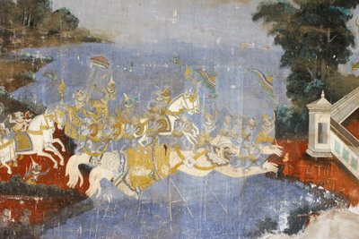 Sylver Pagoda Dette vægmaleri viser scener fra Reamker, som er den cambodjanske eller khmeriske version af det klassiske hinduistiske digt Ramayana, Phnom Penh, Cambodia af Unbekannt