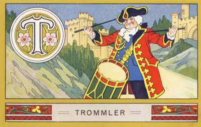 T : Trommeslager - Alphabet Palmin. Serie af kromolitografier redigeret af H. Schlinck & Cie, Hamburg, s. d. . Annonce for Palmins fineste kokosolie. Mål: 7 x 11 cm af William M. Timlin