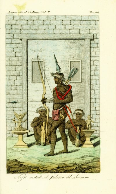 Tatoverede eller scarified vagter ved døren til dronningens palads, Tandi, Angola af Unbekannt