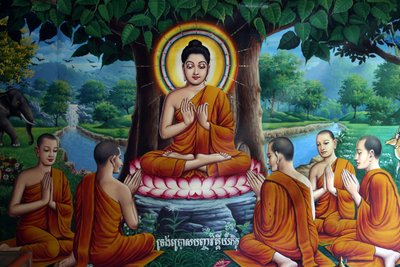 Tempelfreskomaleri, der forestiller Buddha med disciple. Cambodja af Unbekannt