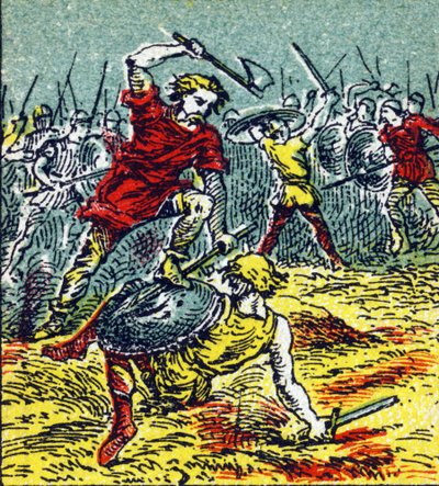 Slaget ved Vouille, hvor Clovis I besejrede vestgoterne i 507. Indgravering i "Histoire de France". Serie af reklamebilleder udgivet på vegne af Louit, 24 rue d