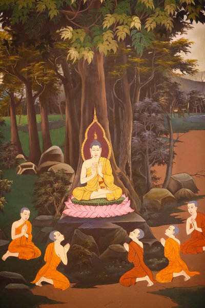 Buddha prædikede sin første prædiken for de fem munke, Wall fresco, Wat Botum templet, Phnom Penh, 2022 (foto) af Unbekannter Künstler