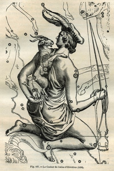The Coach of the Atlas of Hevelius (1690): Konstellationen af Coachen, som i højre hånd har en pisk og renes og på venstre arm Chevre og to chevrals, er en af de ældste i den græske sfære. Indgravering fra Camille Flammarions “Les ét af Unbekannt