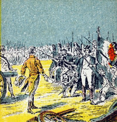 De hundrede dage: Napoleon I Bonapartes nederlag til Waterloo i 1815. Indgravering i "Histoire de France". Serie af reklamebilleder udgivet på vegne af Louit, 24 rue d