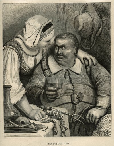 The Little Pouket: trolden og hans kone efter at have afsluttet måltidet. Gravering af Gustave Dore (1832-1883) fra "" Les contes"" af Charles Perrault (1628-1703) af Unbekannt