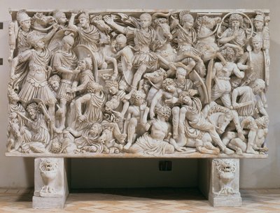 Ludovisi-sarkofagen med højreliefrepræsentation af romerne, der kæmper mod barbarerne, 250-80 e.Kr. (marmor) af Unbekannt