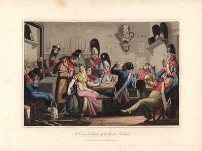 Nationalgarden i garden, drikker med kantineren, spritsælgeren og spiller kort, ryger pibe, nogle sover - Eau forte efter en illustration af Victor Auver, fra Un tour through Paris, udgivet af William Sams af Unbekannter Künstler