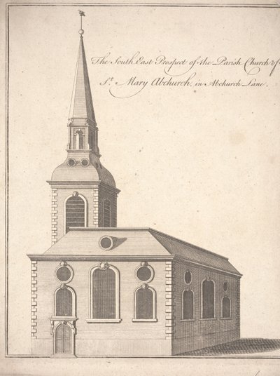 The South East Prospect of the Parish Church of St. Mary Abchurch, i Abchurch Lane, ca. 1740 (gravering) af Unbekannter Künstler