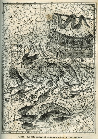 Sydpolen og de omkringliggende stjernebilleder: Blandt de mange stjernebilleder på Sydpolen er indianeren, fænixen, brasen, oktanten, uret, kompas og skibet. Indgravering fra Camille Flammarions "Les étoiles et les autres c af Unbekannter Künstler