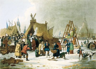 Themsen frøs til i vinteren 1813-1814, før den gamle London Bridge blev revet ned i 1831, frøs Themsen til i meget kolde vintre, og londonerne benyttede lejligheden til at anlægge legepladser for børn, improviserede skøjtebaner og opstillede ti af Unbekannter Künstler