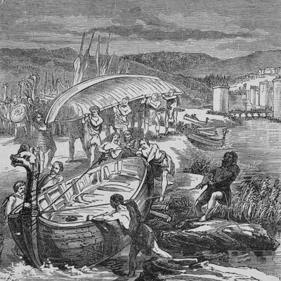 Vikingerne måtte trække deres både op af vandet og transportere dem for at komme rundt om væddemål (gravering) af Unbekannter Künstler