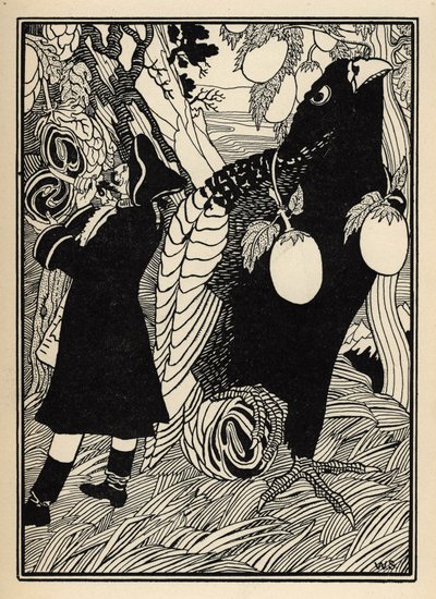 Baronen opdager de store fugle og rotis på træerne i USA. Illustration af William Strang (1859-1921) og JB Clark fra "The Adventures of the Baron of Munchausen (Munchhausen) af Rudolf Erich Raspe (1736-1794) (1789) af Unbekannter Künstler