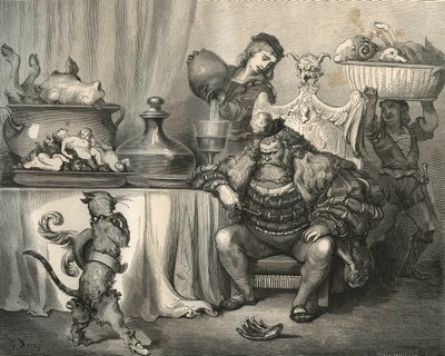 Støvlekatten møder Ogre. Gravering af Gustave Dore (1832-1883) fra "" Les contes"" af Charles Perrault (1628-1703) af Unbekannt