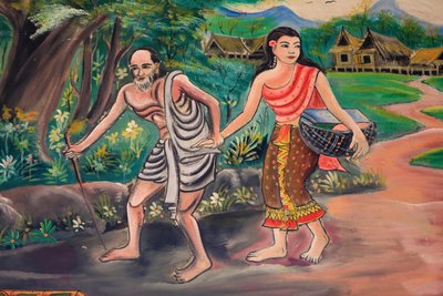 Dagen før. Møde med landsbyboeren. Oplysningens vej. Buddhas liv. Loftskunst, der skildrer Buddhas liv. Wat Inpeng. Vientiane. Laos, 20151029, Vientiane, Laos af Unbekannt