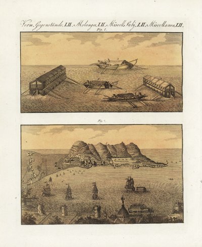 Den britiske hærs flydende batterier i Gibraltar i 1782. En pram med 210 kanoner i to etager og en anden pram i én etage designet af den franske ingeniør Arcon til at bombe byen. Den britiske flådes flydende batterier i Gibraltar. af Unbekannter Künstler