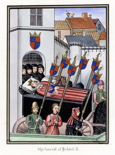 Kong Richard II af Englands (1367-1400) begravelsesfølge forlader slottet Pontefract og kører til Saint Paul-katedralen i London (England). af Unbekannter Künstler