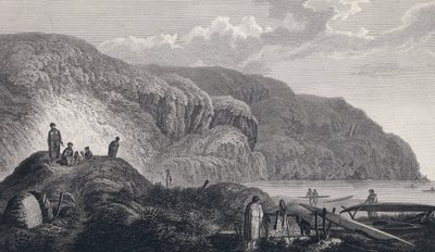 Indbyggerne i Oonalashka (eller Unalaska, Alaska, USA) og deres hjem. Gravering i slutningen af det 18. århundrede efter John Webber (1751-1793). af Unbekannter Künstler