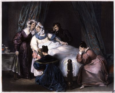 Det uoprettelige tab, selv død i barselsseng, c.1840 (litografi) af Unbekannter Künstler