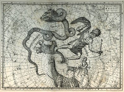 De nærliggende stjernebilleder på Nordpolen: Lille Bjørn, Drage, Cephee, Giraf, Rensdyr og Messier. Indgravering fra Camille Flammarions "The Stars and Other Curiosities of the Sky" af Unbekannt