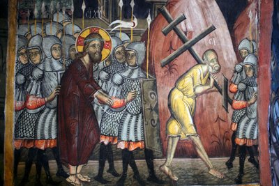 Kristi passion Simon bærer korset Byzantinsk fresko fra Agios Ioannis Lampadistis kloster, Saint John Lampadistis 11. århundrede Cypern Malede kirker UNESCO-sted Troodos, Cypern af Unbekannt