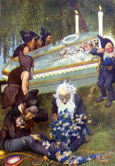 De syv dværge græder Snehvide i sin kiste, slutningen af 1800-tallet (illustration) af Unbekannter Künstler
