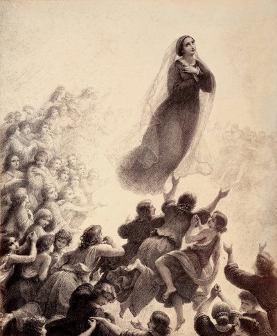 De velsignedes ånder, med udstrakte arme, ledsager Marias genkomst til Empyrean med sang. Illustration af Canto XXIII i Paradiso i Den guddommelige komedie af Dante Alighieri. Værk af Francesco Scaramuzza dedikeret til Firenzes kommune. af Unbekannter Künstler