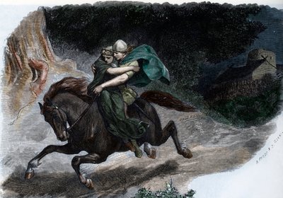 Krigsherren fra den germanske stamme Cheruskerne Arminius (Armenius) (18 f.Kr.-21 e.Kr.) bortfører Thusnelda (Arminius (Hermann) høvding for de germanske Cheruskere og hans kone Thusnelda) Stik fra "Germania" af Johannes Scherr 1880 Privat samling af Unbekannter Künstler