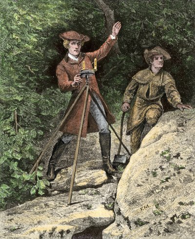 Den unge George Washington (1732-1799) arbejder som geometrist i Virginia. Koloreringsstik fra det 19. århundrede. af Unbekannter Künstler
