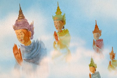 Thien Lam buddhistiske tempel, vægmaleri   Tilbedere.   Hue, Vietnam, 2019 (billede) af Unbekannt