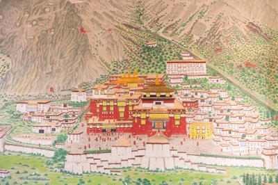 tibetansk buddhisme; hovedklosteret i Karma Kagyu-slægten; Tsurphu i Tibet; vægmaleri ved indgangen til Rumtek-klosteret nær Gangtok; Sikkim; Himalaya; Indien; Syd Asien; Asien af Unbekannt