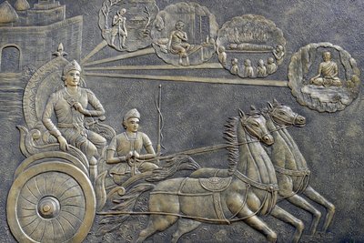 Tinh Xa Ngoc Chau buddhistiske tempel, The Life of the Buddha, Siddhartha Gautama, Prince Siddhartha bad en vognmand om at tage ham med på en række ture gennem landskabet, Chau Doc, Vietnam, 2018 (foto) af Unbekannt