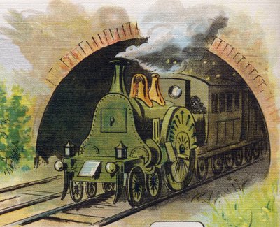 Tog, der forlader en tunnel. Indgravering i "ABC L