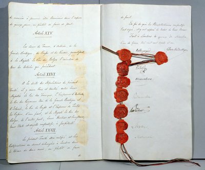 Traktat om oprettelse af Belgien som en suveræn stat, underskrevet den 15. november 1831 på London-konferencen (pen og blæk og voks på papir) af Unbekannt