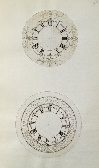 To designs til store emaljerede urskiver, fra mekaniske noter og tegninger udarbejdet af John Harrison (1693-1776) og hans søn William (ca. 1726-72) (pen og blæk på papir) af Unbekannt