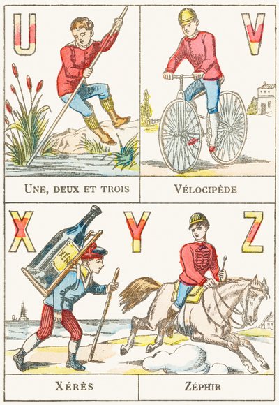 U V X Y Z; U: En, to og tre; V: Velocipede; X: sherry; Z: Zephir - Spilalfabet, ca. 1890 (gravering) af Unbekannt