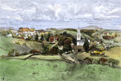 USA, staten New Hampshire: Landsbyen New Boston, New Hampshire år 1800. Farvestik fra det 19. århundrede. af Unbekannter Künstler