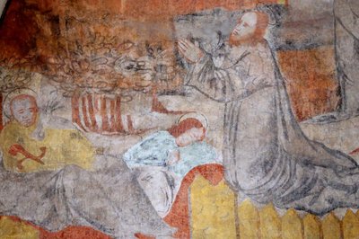 Vault de Lugny kirke. 16. århundrede vægmaleri. Kristus i sin lidenskab. Getsemane, beder Jesus, imens hviler disciplene. Frankrig Â af Unbekannt