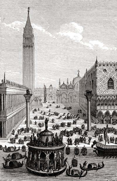 Venedig - Markuspladsen med katedral og gondoler af Unbekannter Künstler