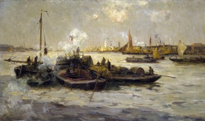 Udsigt over Limehouse, England, med en beskrivelse af industrialiseringen af Themsen i slutningen af den victorianske æra (slutningen af det 19. århundrede) og af slæbebåde, kuttere og pramme, i baggrunden det hvide Saint George-tårn. af Unbekannter Künstler