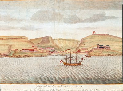 Udsigt over Sao Tiago (Santiago) i Kap Verde (tegning) af Unbekannter Künstler