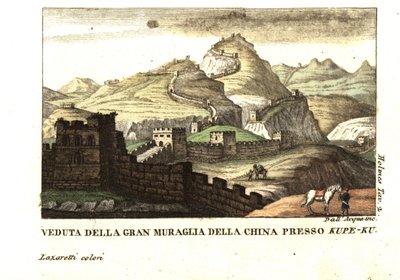 Udsigt til Den Kinesiske Mur nær Kou-Pee-Keow, ved passet mellem Kina og det østlige Tartariet. Fra Samuel Holmes (18.-19. århundrede) Journal of a Voyage to China and Tartary. Kobberstik af dell