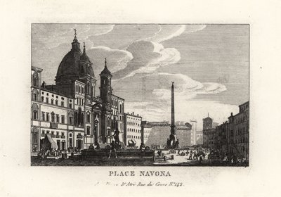 Udsigt over Piazza Navona med springvandet, den egyptiske obelisk og kirken Sant