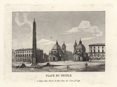 Udsigt over Piazza del Popolo, Place du Peuple, med en egyptisk obelisk af Ramses II fra Heliopolis, Rom af Unbekannt